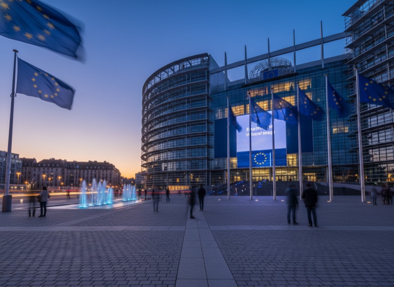 European Parliament building at dusk with EU flag