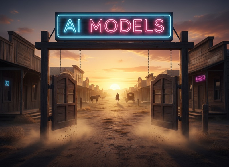 A dusty western town at dusk with an AI models saloon sign