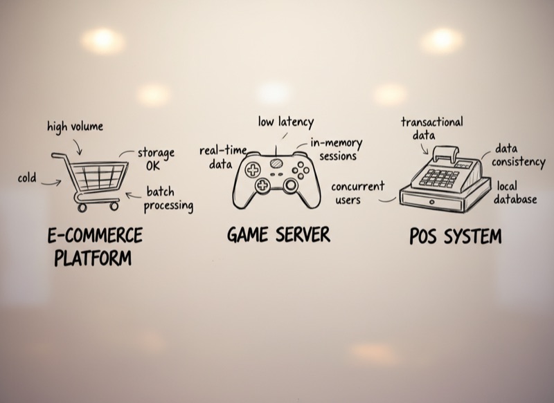 A whiteboard showing three hand-drawn system sketches with floating data-pattern labels