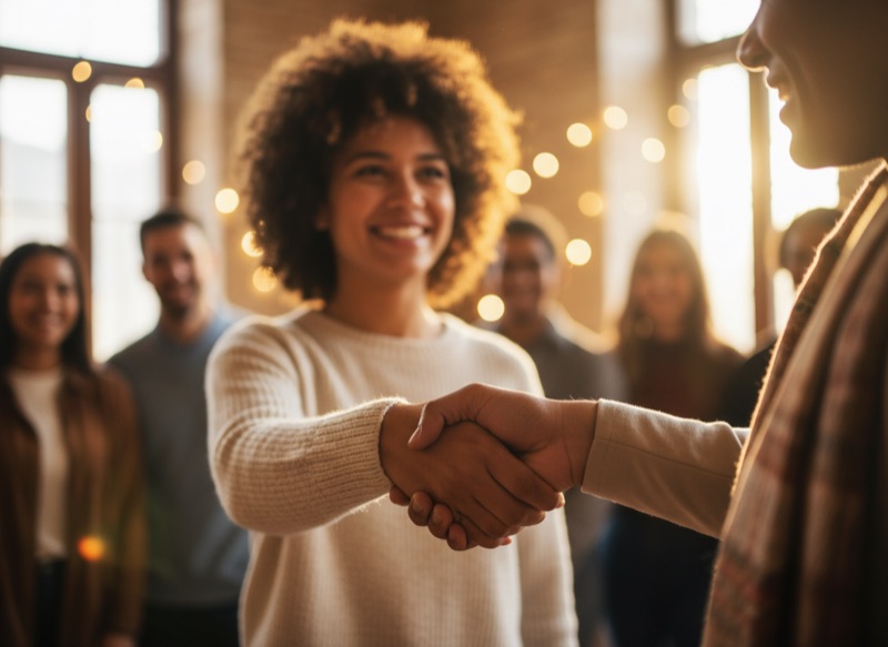 A peer offering an encouraging handshake at a community meetup